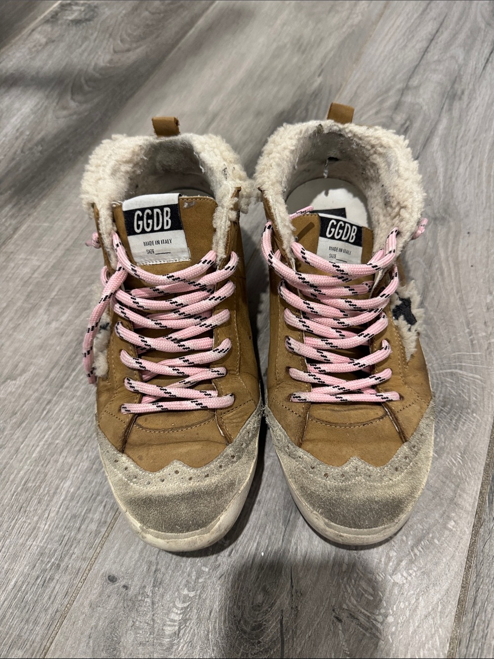 Golden Goose Tan Suede High-Top Sneakers with Pink Laces